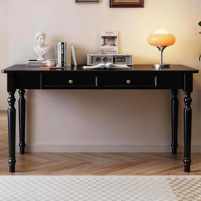 Rubberwood Office Desk with Drawers, Black Retro Style Study Desk, Desk, Country Style Wood Desk, Solid Wood Computer Table for Office,Living Room 39.3×23.6×29.5 inch
