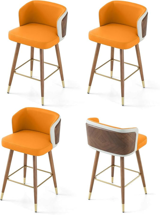ARTPLAN Mid Century Modern Bar Stools Set of 4 for Counter Height - Leather Upholstered Seat with Walnut Wood Frame, Retro 34 Inch Bar Chairs for Home Kitchen Island, Bar, Breakfast Nook,Yellow