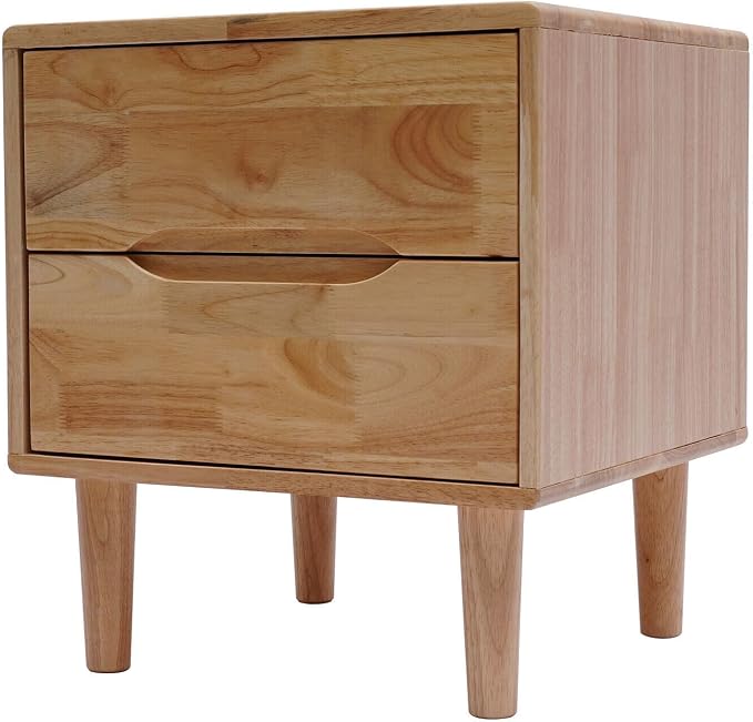 Nightstand Bedside Table with 2 Storage Drawers, Mid Century Modern Grooved Handle Wood Nightstand Side Table Bedroom Storage Drawer Bedside End Table