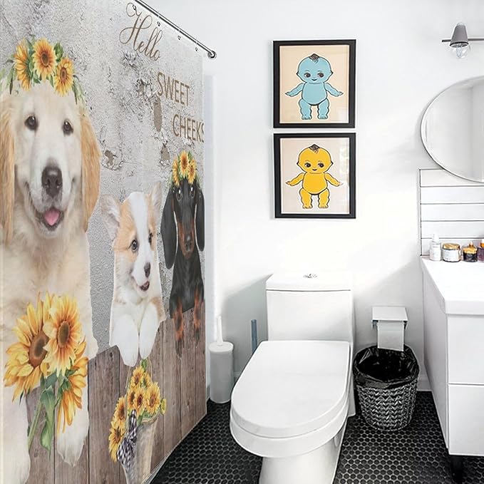 Dog Pattern Shower Curtain Farmhouse Country Rustic Wooden Farm Sunflower Animal Pattern Duty Fabric Shower Curtains Set Bathroom Polyester Waterproof with 12 Hooks,72x72Inch（183x183cm）