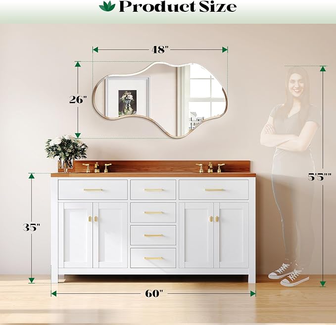 Irregular Wall Mirror, 26”x48” Asymmetrical Wall Mirror, Frameless Asymmetrical Mirrors for Bathroom Entry Way Bedroom Living Room