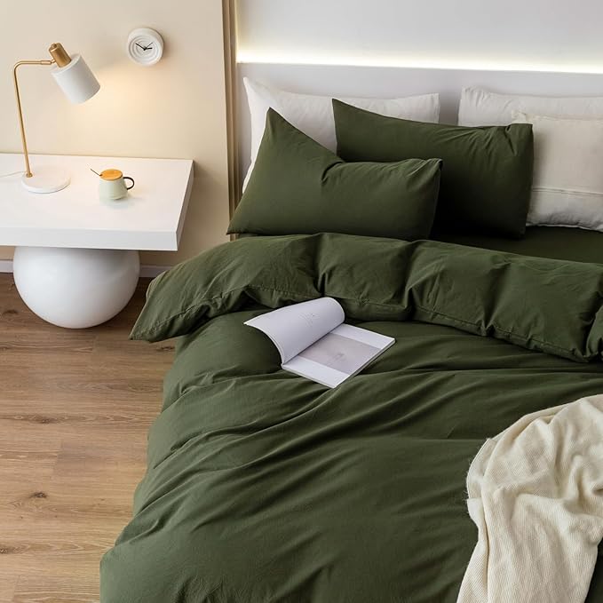 JIYUAN 100% Washed Cotton Duvet Cover Set 3 Pieces Super King, 1 Duvet Cover 108x98 Inches(Comforter Not Included) and 2 Pillowcases,Linen Feel Bedding Set Comfy and Breathable,Olive Green