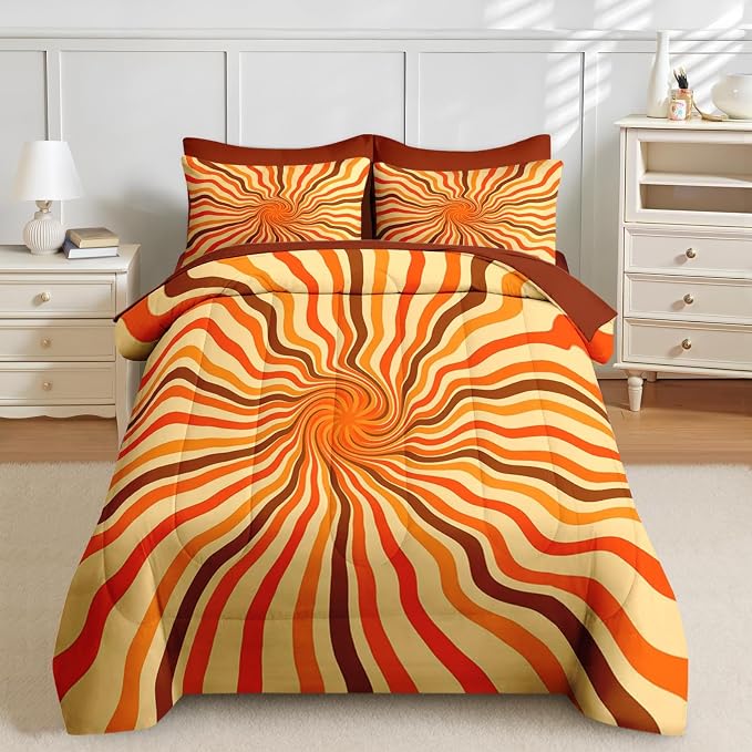 Nesker 5 Pcs Comforter Set Twin Size, 70S Retro Vintage Bedding Set for Kids and Adults, Orange Brown 50S Bed Sheet Sets with Fitted Sheet Pillowcases & Shams