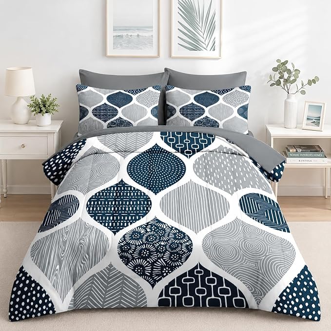 Nesker Comforter Set Queen Size, Boho Bohemian Abstract Blue Gray 7 Pcs Bedding for Kids and Adults, Indigo Geometry Grey Bed Sheet Sets with Fitted Sheet 2 Pillowcases & 2 Shams