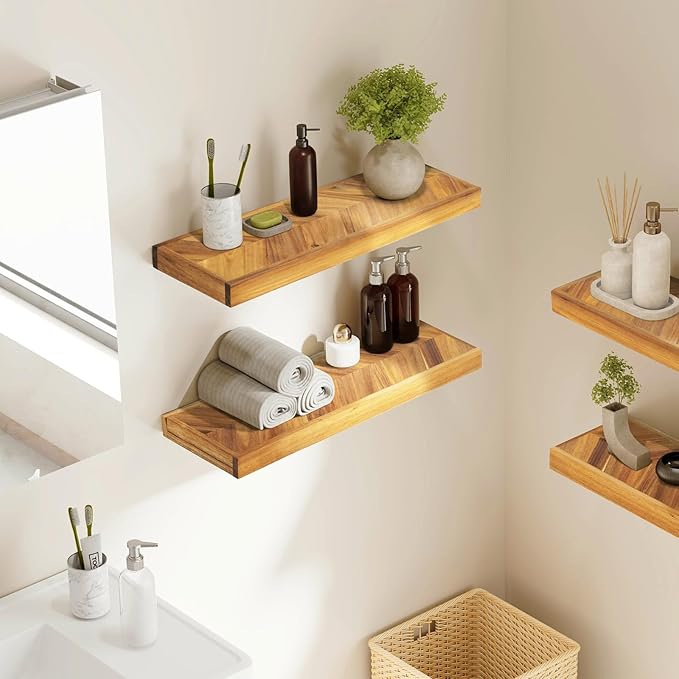 Howizz 48" Rustic Farmhouse Floating Shelves – Set of 2 Acacia Wood Shelves for Stylish Wall Decor in Kitchen, Bathroom, and Office, Unique Chevron Pattern, 48x8x1.5 Inches - Set of 2 - DIY