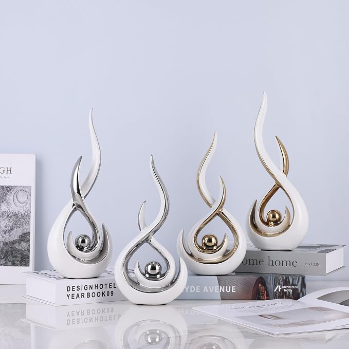 2PCS Abstract Art Ceramic Sculptures, Modern Decor Figurines for Living Room Decorative Objects, Sculptures Home Decor Set for Table, TV Stand, Entryway, Bookshelf Display (White Gold)