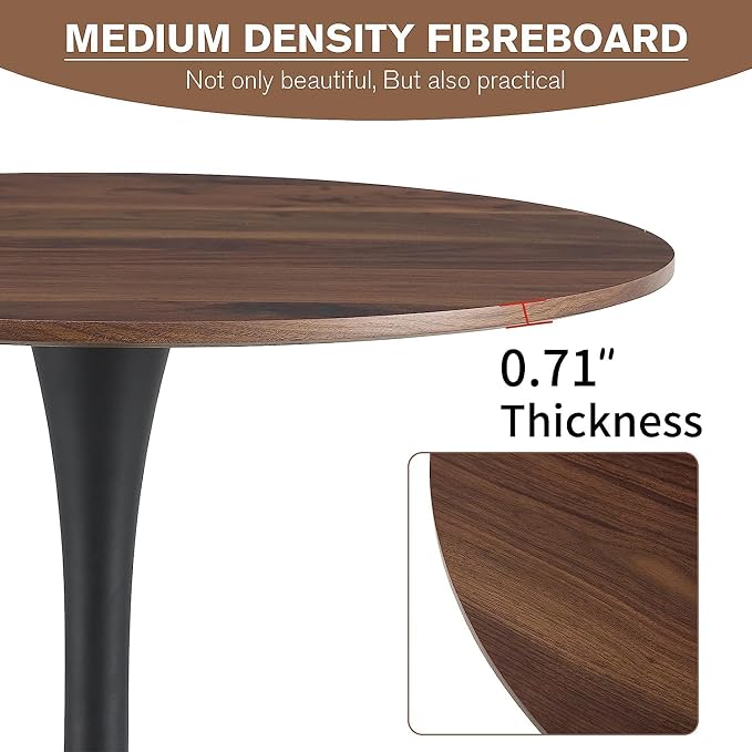 42 Inch Walnut Round Dining Table for 4-6 Person,Mid-Century Walnut Tulip Kitchen Table, Pedestal Metal Base Table for Kitchen Dining Room
