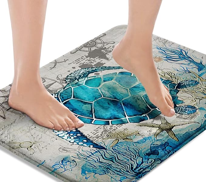 Britimes Bath Mat for Bathroom, Blue Turtle Washable Cover Floor Rug Carpets Floor Mat Bathroom Decorations 20x32 Inches for Kitchen Bedroom Indoor