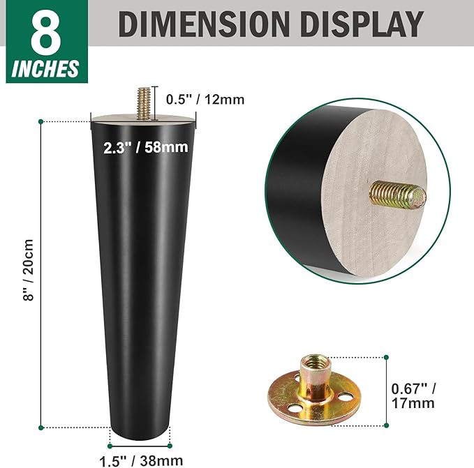 FoDau770 Black Rubber Wood Furniture Legs 8 Inches, Straight Tapered Wood Feet Mid Century Sofa Legs Set of 4, 5/16" UNC Furniture Feet for Cabinet Couch Dresser Chair Ottoman Table