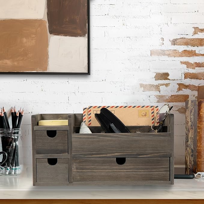 Rock Grey Wooden Desktop Organizer 3 Drawers Office Supplies Storage Caddy Stationery Box Mail Holder Note Pads Makeup Tools Cosmetics