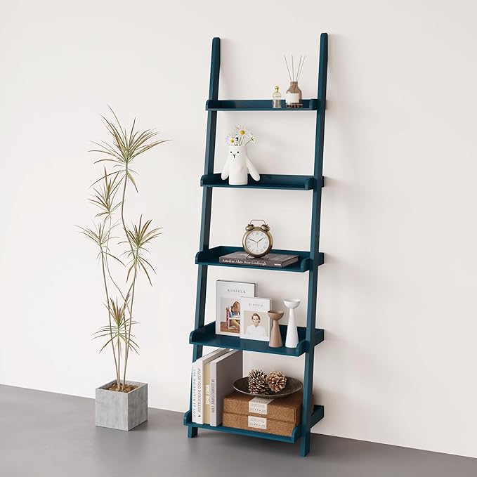 eHemco Modern 5 Tier Wall-Leaning Ladder Bookshelf Organizer, Storage Rack, 70 Inches, Blue