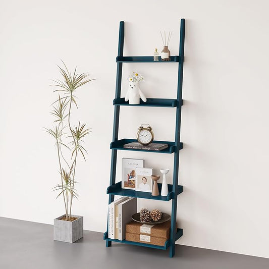 eHemco Modern 5 Tier Wall-Leaning Ladder Bookshelf Organizer, Storage Rack, 70 Inches, Blue