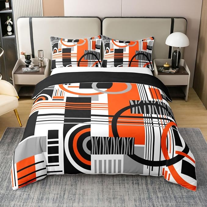 Erosebridal Art Deco Mid Century Duvet Cover Set Retro Modern Abstract Geometric 100% Cotton Comforter Cover Black and White Orange Circles Stripes Queen Bedding Sets, Contemporary Bed Sets