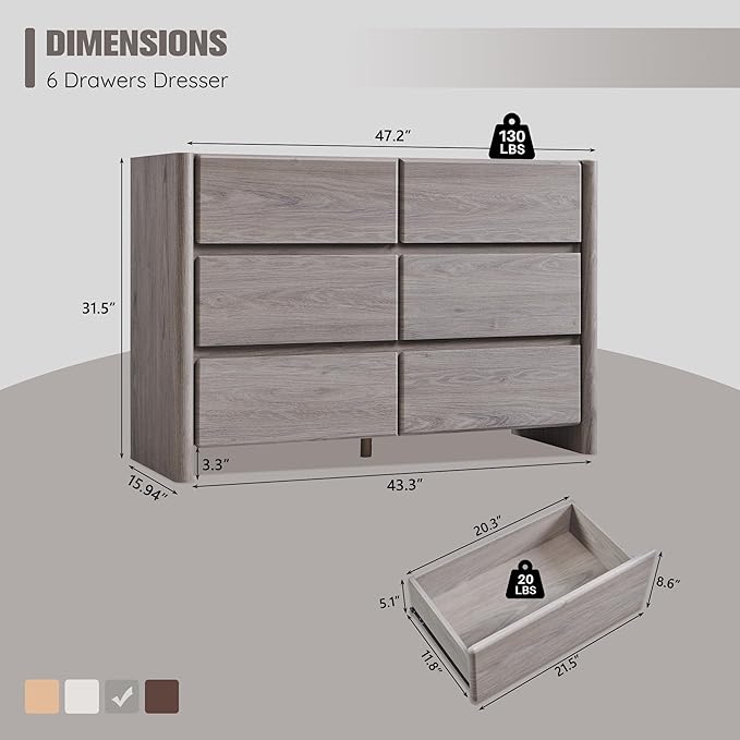 Modern 6 Drawers Dresser for Bedroom, 47" Wide Dresser w/Large Storage & Rounded Corner, Wood Handleless Chests of Drawers w/Natural Texture for Bedroom, Hallway, Living Room-Light Grey
