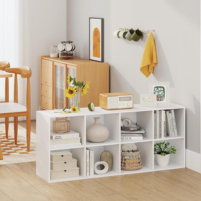 DREAMADE 8 Cube Storage Organizer, 2 Tier Multipurpose Display Shelf w/Open Storage & 2 Anti-Tipping Kits, 8-Cube Wooden Bookcase for Living Room, Bedroom, Study, Home, Office (White)