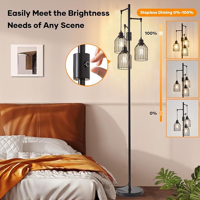 Dimmable Industrial Floor Lamp with 3 Cage Heads, 68.5" Black Tree Standing Lamp with Stepless Dimming, Modern Farmhouse Tall Pole Light for Living Room, Bedroom, Office, E26 Base (Bulbs Included)