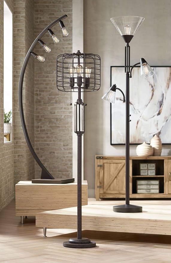 Franklin Iron Works Warwick Industrial Torchiere Tree Floor Lamp LED 3-Light Edison 71.5" Tall Tiger Bronze Metal Clear Seedy Glass Shade for Living Room Reading House Bedroom Home