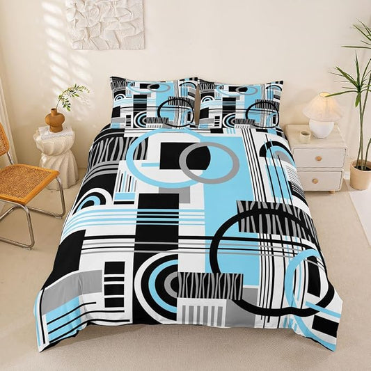 Art Deco Mid Century Duvet Cover Set Retro Modern Abstract Geometric Full Size Bedding Sets for Tween Boys Girls Black and White Sky Blue Circles Stripes Comforter Cover Contemporary Bed Set