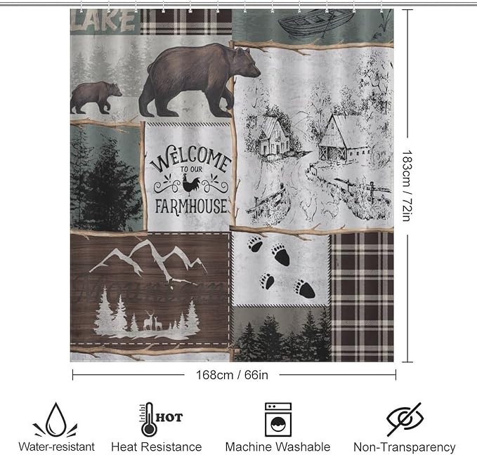 Rustic Cabin Vintage Bear Shower Curtain Country Lodge Deer Mountain Forest Farmhouse Waterproof Shower Curtains for Bathroom Decor 12 Pack Hooks 66x72in（168x183cm）
