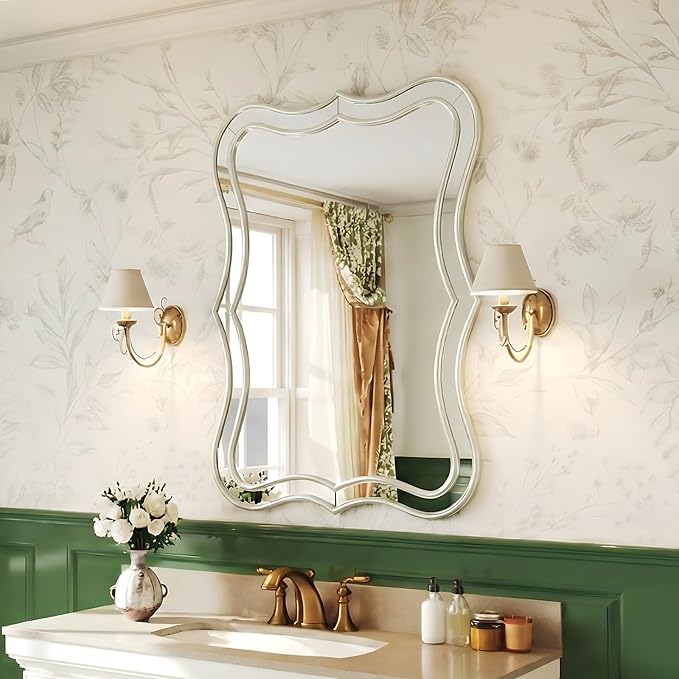 Silver Scalloped Wall Mirror Decor -24”x32 Large Double Wavy Edge RetangleMirror, Shabby Chic Mirrors for Living Room, Bedroom, Dining Room,Entryway,Bathroom