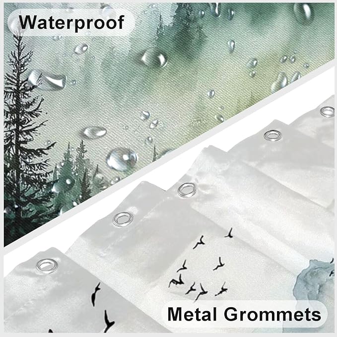 Mountain Tree Shower Curtain Watercolor Landscape Shower Curtains for Bathroom Waterproof Fabric Bath Curtain Decor with Hooks