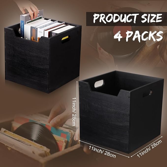 Colingmill 4 Pack Wooden Storage Box Bins Wood Crate with Open Front Stackable Cube Storage Organizer Bins for Books Records Home Pantry Clothes Toy Closet (11 Inch,Black)