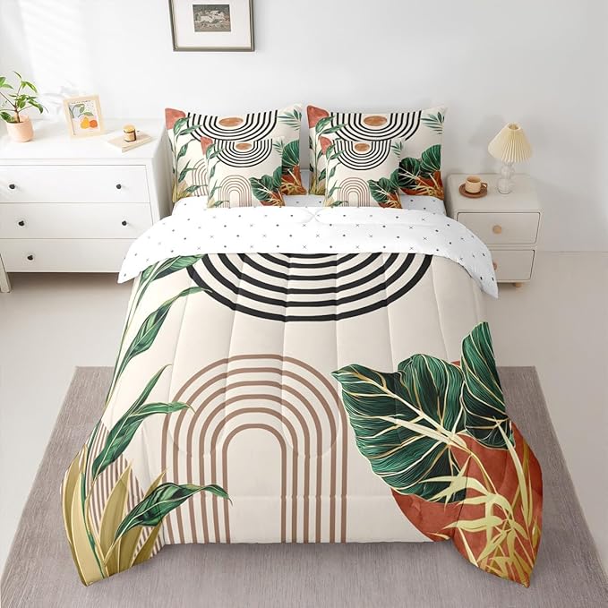 Erosebridal Modern Mid Century Bedding Set King Abstract Bohemian Minimalist Comforter Set 7 Piece Modern Boho Brick Red Aesthetic Bed in A Bag Nature Stripes Palm Leaf Quilt with Flat Fitted Sheet