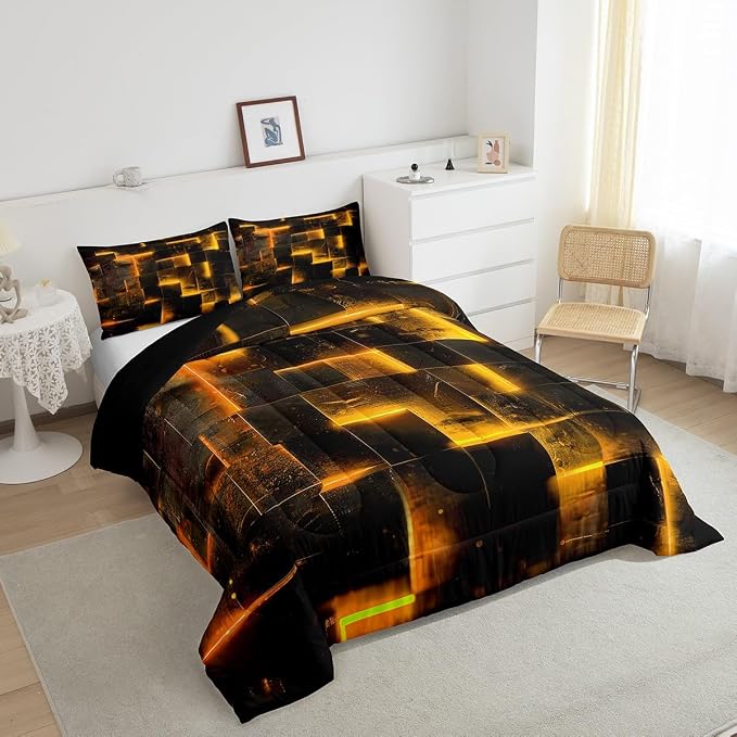 Black Orange Abstract Comforter Twin Gradient Square Twin Bedding Set, Geometric Grid Down Comforter Neon Checkered Bed Set Glowing Plaid Quilted Duvet 3D Modern Bedroom Decor 2pcs (Black Reversible)