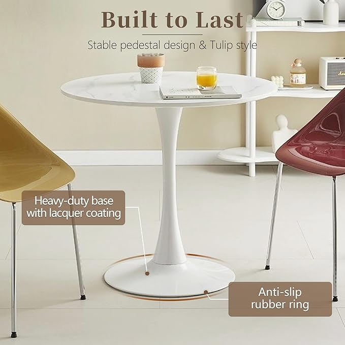 24 Inch Round Dining Table,Mid-Century Tulip Table with Metal Pedestal Base,Modern Leisure Table for Small Space Kitchen Dining Room,Easy Assembly,Marble Finish