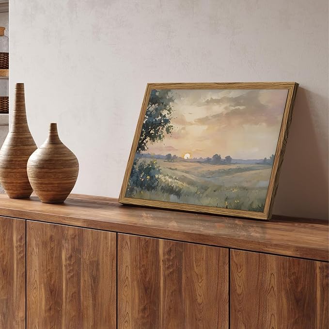 Vintage Sunset Wall Art Rustic Cottagecore Landscape Wall Decor Fall Country Nature Painting Artwork 3D Textured Sandstone for Living Room Bedroom 12x16 Inch Wood Framed