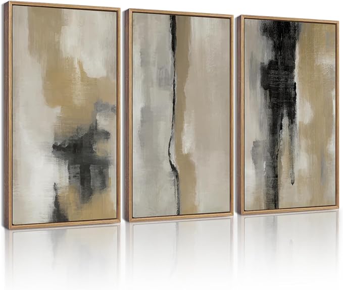 KUVIOKE Black Abstract Framed Wall Art Neutral Graffiti Pastel Minimalist Wall Decor Modern Art Painting for Bedroom Living Room 16x24in (Natural Framed)
