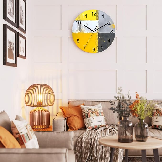 Abstract Style Wall Clock Battery Operated Non-Ticking 12" Round Wood Clocks, Yellow Gary Color Block Oil Painting Kitchen Wall Clock for School Bathroom Living Room Home Office Wall Decor