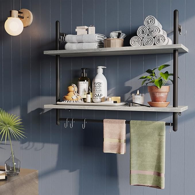 Bestier Pipe Shelf Industrial Floating Shelving 31" Kitchen Wall-Mounted Shelves with 8 Towel Bar Hooks Coffee Bar Shelf Wine Hanging Display Rack Bookshelf Living Room Decor Bathroom-Retro Grey