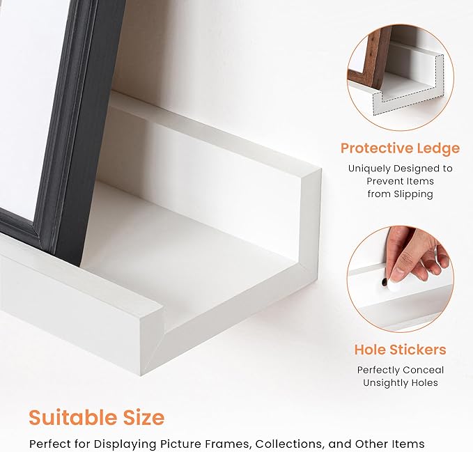 RICHFOCUS Picture Ledge Shelf, 16 inch Floating Shelves Set of 2, Wood Wall Shelves with Lip, Wall Decor Storage for Bedroom Living Room Bathroom Kitchen Nursery Photo Picture, White