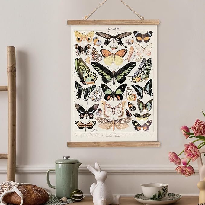 XIAOAIKA Vintage Butterfly Hanging Poster with Wooden Frame, Retro Style Wall Decor Art Painting, Patterns Printed on Linen Without Fading, Ready to Hang (20 x 30)