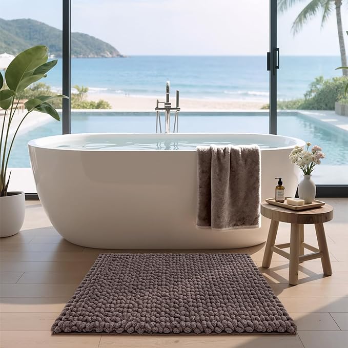 LUMI Luxury Bathroom Rug, Ultra Soft Quick Dry Bath Mat, Non-Slip Absorbent Thick Chenille Bath Rug, Cozy Braid Design Floor Mat for Bathtub, Sink, Laundry, Brown, 24"x36"