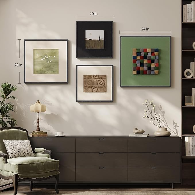 Framed 3D Wood Abstract Wall Art for Living Room, Large 4 Piece Sage Green Textured Landscape Artwork for Walls, Modern Minimalist Colorful Wooden Wall Decor for Dining Room,Hallway, Office Aesthetic