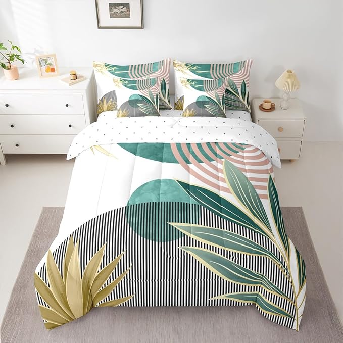 Erosebridal Mid Century Modern Bedding Sets Full Bohemian 7 Piece Comforter Set for Kids,Boho Tropical Modern Bed in a Bag Abstract Sun Minimalist Simple Sheet Set with Comforter,Green Pink