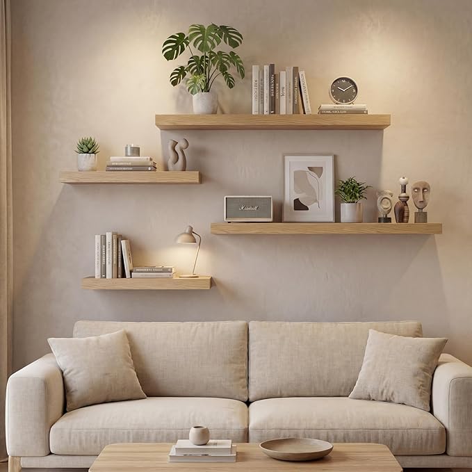 INHABIT UNION Oak Floating Shelves Set of 2，35in Wall Mounted Display Ledge Shelves for Bedroom, Bathroom, Living Room and Kitchen Decoration Storage