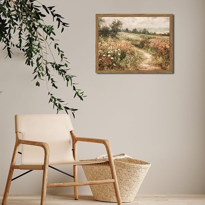 Vintage Floral Wall Art Nature Country Wildflower Wall Decor Painting Modern Botanical Flower Farmhouse Landscape Artwork 3D Textured Sandstone for Living Room Bedroom 24x36 inch Wood Framed