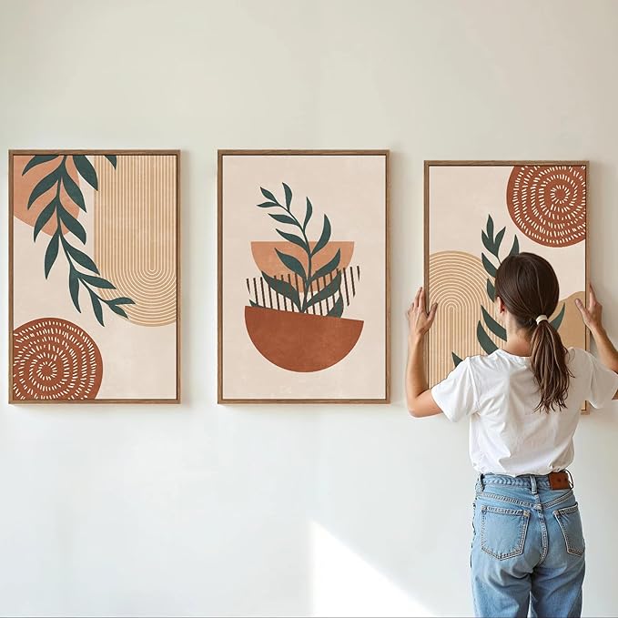 Rantodecor Large Boho Framed Canvas Wall Art Set of 3, Mid Century Modern Wall Decor, Bohemian Beige Geometric Line Art Paintings, Neutral Sage Green Leaf for Bedroom Living Room Office Home 16"x24"
