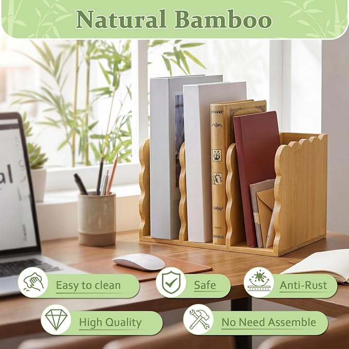 Novabright Bamboo File Magazine Holder Desk Organizer, 3 Vertical Compartments Workspace Sorters for Magazines, Binders, Notebooks, Envelopes (Scalloped Edge)
