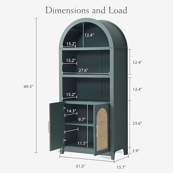 RowyPoey Rattan Arched Cabinet Bookshelf - 69.3” Tall Mid Century Display Cabinet, Rounded Bookcase with Rattan Doors, Open Shelf Storage for Dining Room (Green, 1 PC)