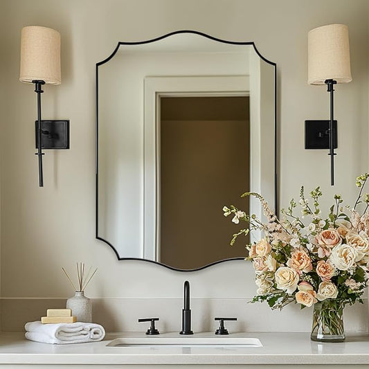 ANDY STAR Matte Black Mirror, 24x36 Inch Scalloped Bathroom Mirror, Unique Wavy Rectangle Mirror in Stainless Steel Metal 1” Frame, Wall Mount Vertical or Horizontal