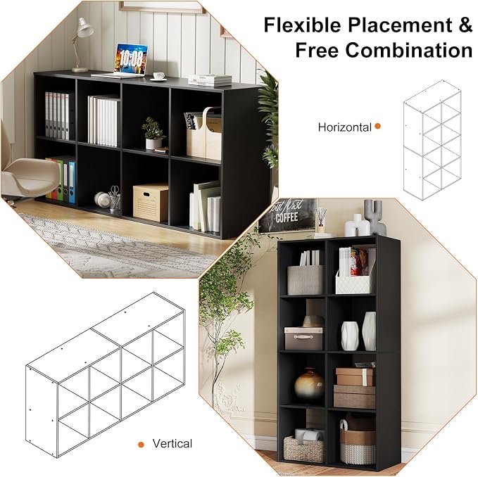 Sweetcrispy 8 Cube Storage Organizer - Open Cube Bookshelf with 4 Removable Back Panels, Display Storage Bookcase for Living Room, Bedroom, Entrance Hall, Home Office，47.7" Lx11.6 Wx24 H, Black