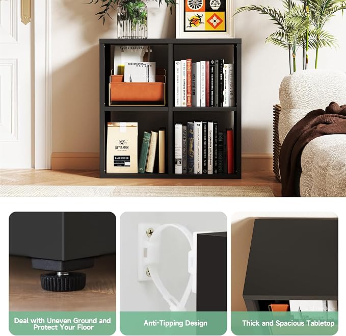 IRONMIX Metal 4 Cube Storage Organizer with 2 Storage Basket, Short Black Bookshelf with Storage, Horizontal Bookshelf, 2 Tier Open Bookcase Cube Shelf for Home Office Library (Black, 700 with Basket)