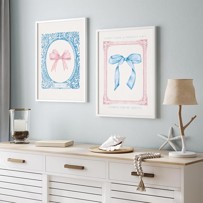 Preppy Bow Wall Art Decor Set of 2 Coquette Canvas Wall Decor Aesthetic Pictures Trendy Girly Wall Art Pink Blue Bow Prints Christian Bible Verse Poster for Bedroom Living Room 12x16 Inch Unframed
