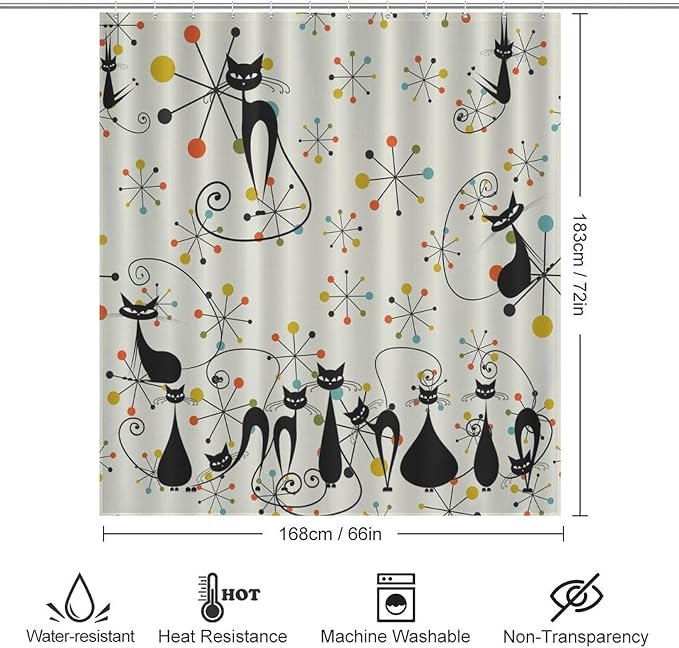 Mid Century Atomic Cat Shower Curtains, Atomic Abstract Geometric Cat Retro Pattern Waterproof Shower Curtains for Bathroom Decor 12 Pack Hooks 66x72in（168x183cm）