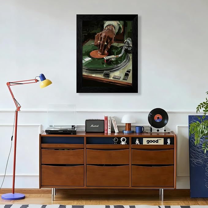 Music Vinyl Record Wall Art 08x10 inch Black Framed Modern African Black Woman Poster Retro Oil Painting Canvas Prints for Living Room Bedroom Dorm Wall Decor