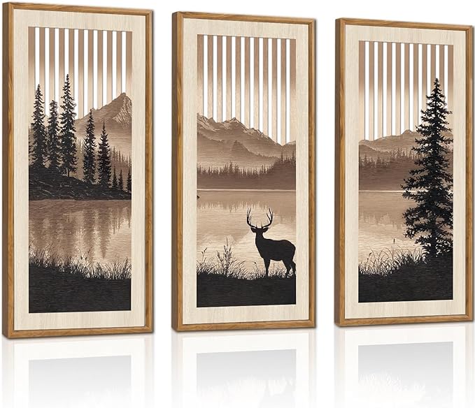 HPNIUB 3PCS Jungle Animals Wall Decor,Rustic Mountain Forest Wooden Sign for Living Room,Silhouette Abstract Deer Pine Tree Hanging Wood Plaque Wall Art Nature Wall Sculpture for Home Office(8x16Inch)